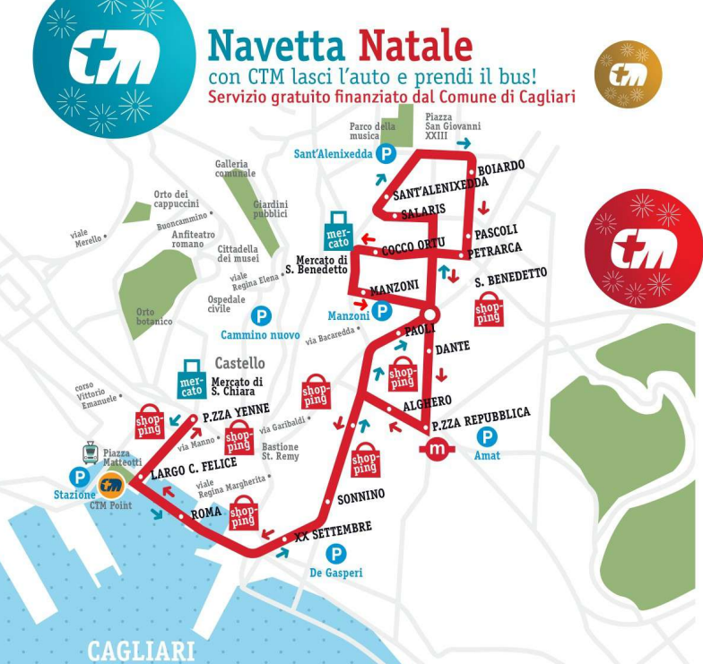 Map of the announced free CTM Christmas shuttle route in Cagliari